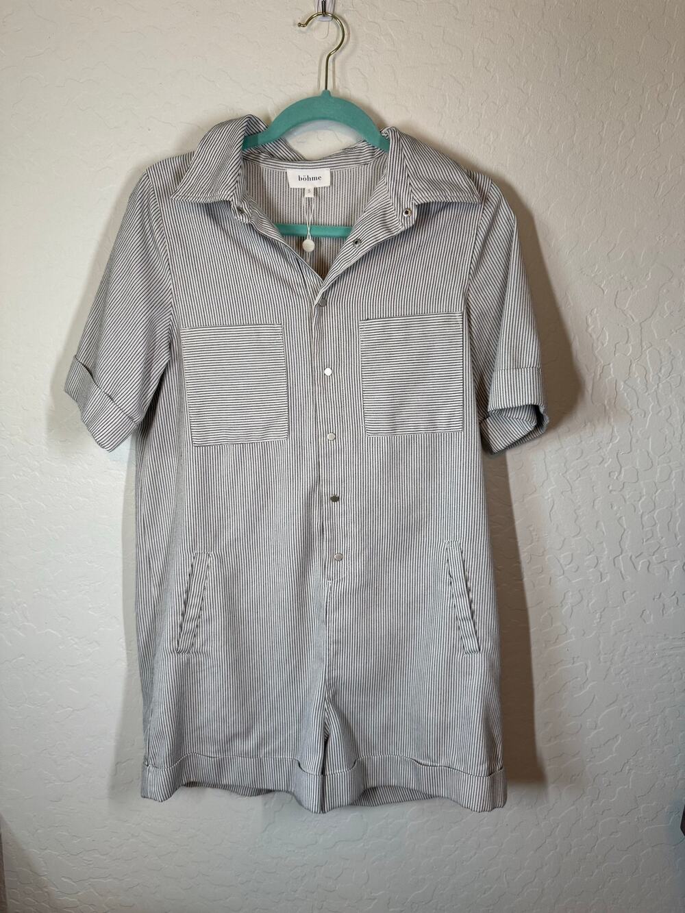 Bohme Striped Shorts Romper Black Pin Stripe Size Small NWT